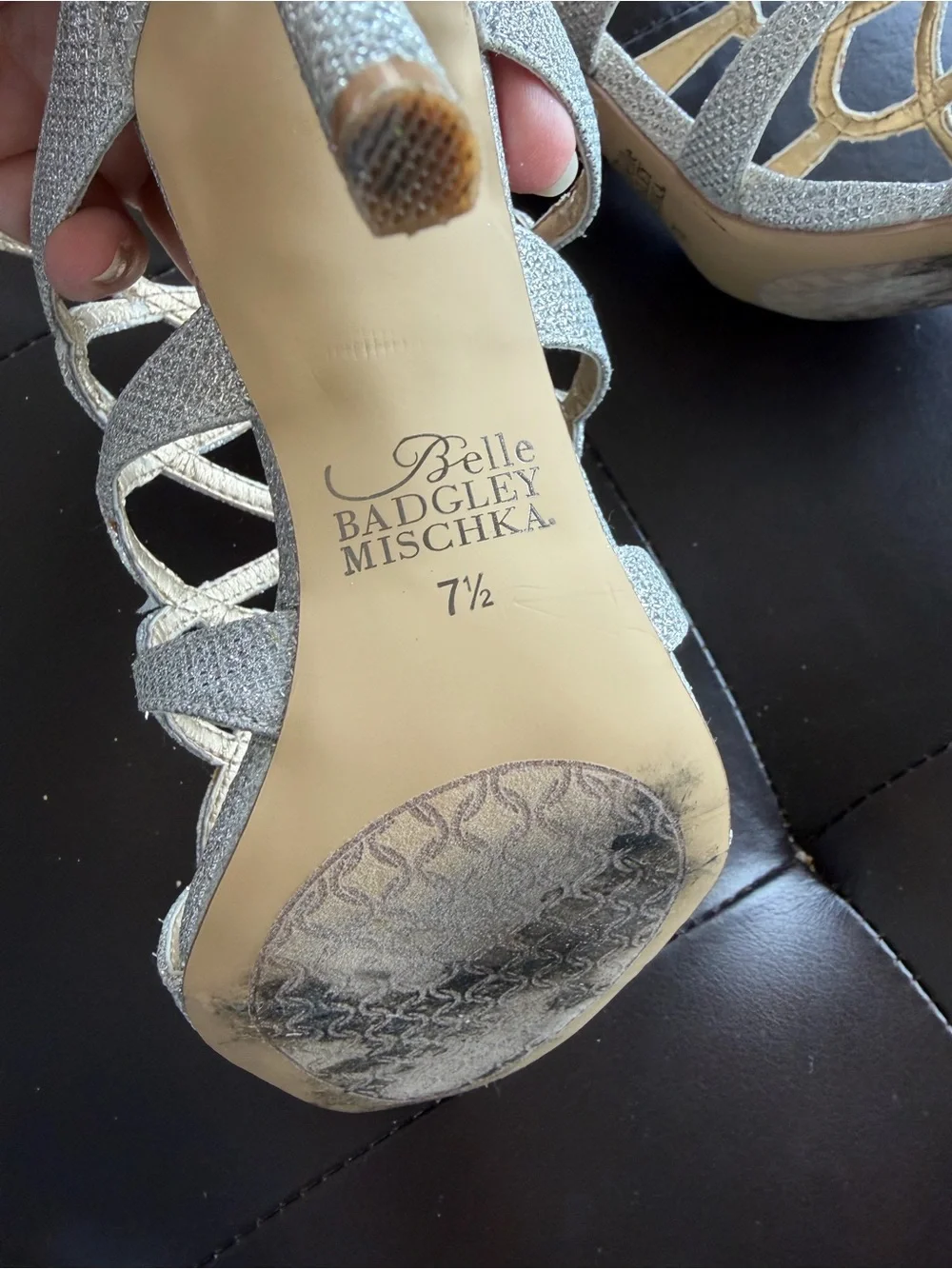 Belle Badgley Mischka Silver Glitter Cage Strappy High Heels Sandals Sz 7.5